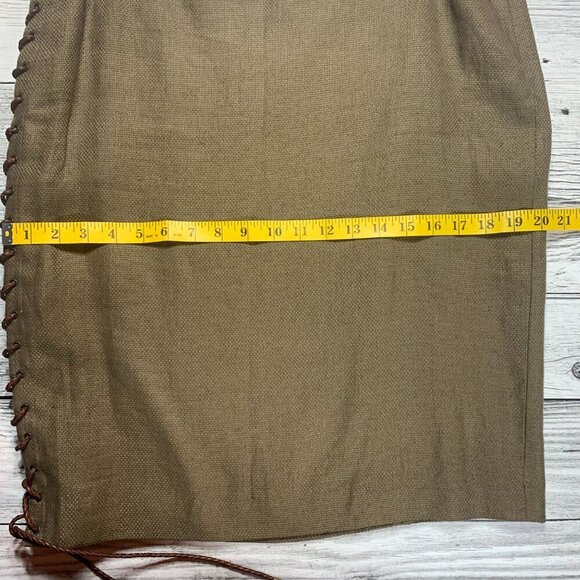Ralph Lauren Black Label Linen Hemp Olive Green Leather Lace Up Pencil Skirt - Picture 11 of 12